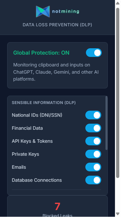 Panel de usuario de Notmining AI Shield